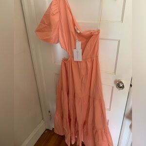 A one shoulder, cutout maxi puff sleeve WAYF dress